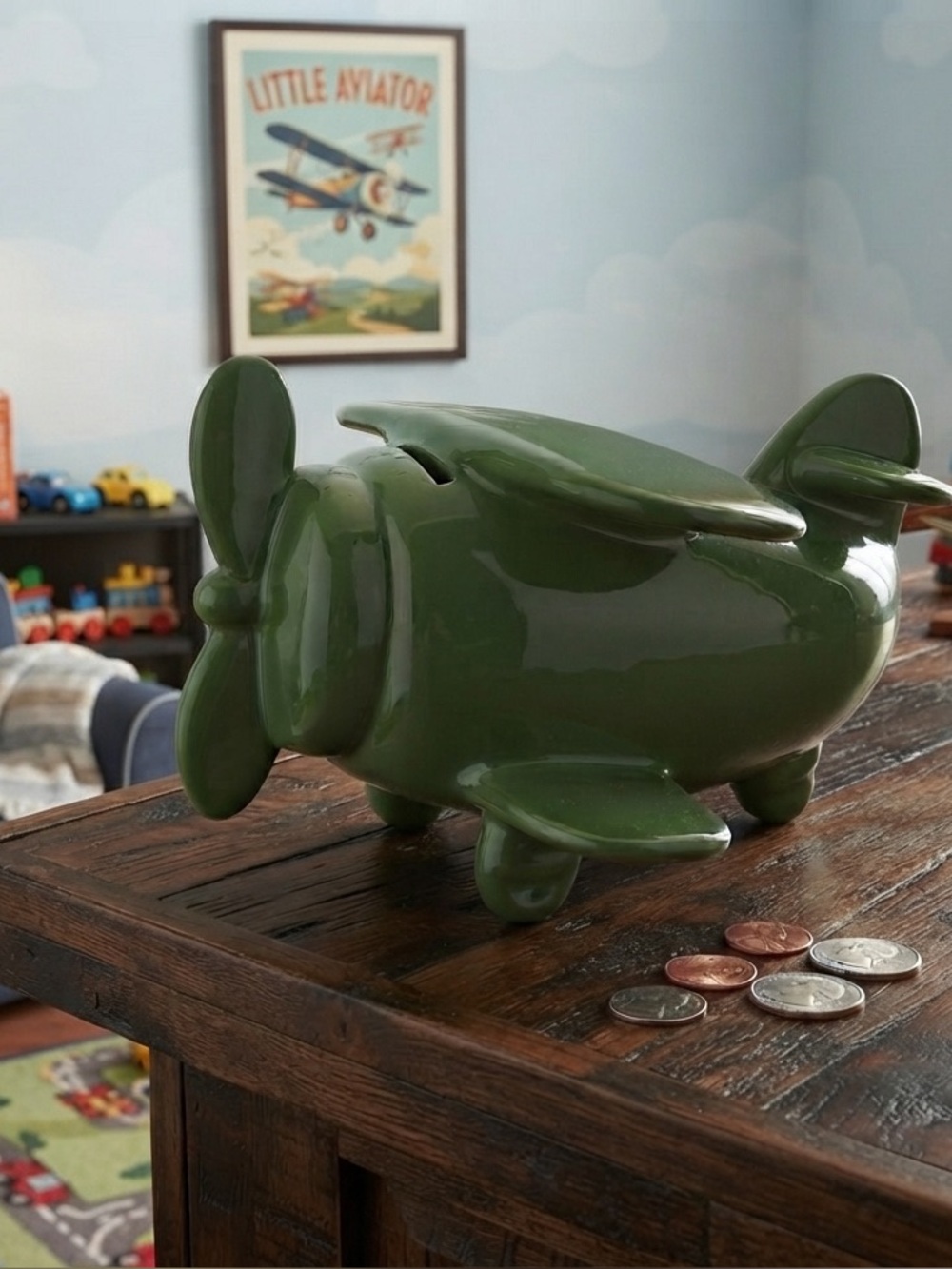 Vintage Green piggy bank Airplane